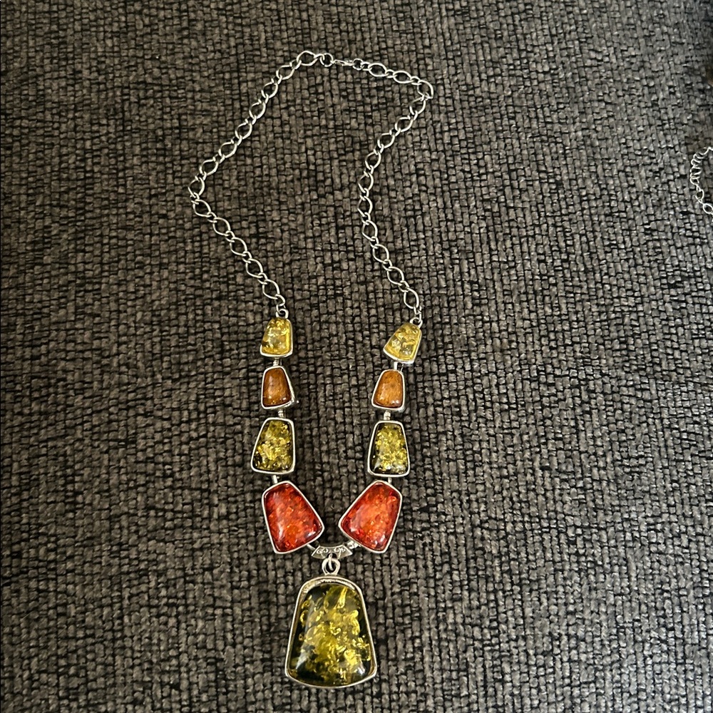 Multicolor Stone Necklace with Silver Chain